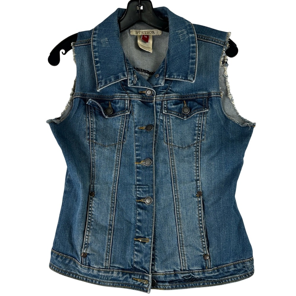 Stetson Denim Trucker Vest Women Medium Blue Frayed Western Boho Cowgirl